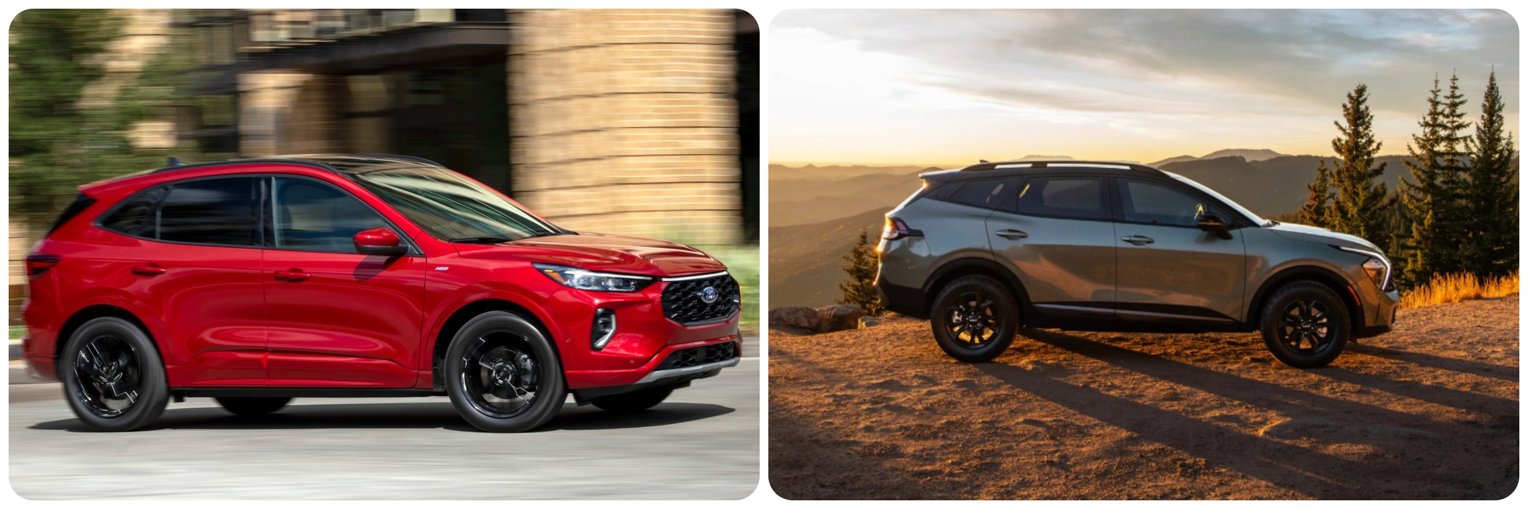 On the left a profile view of a red 2023 Ford Escape, and on the right a profile view of a gray 2023 Kia Sportage