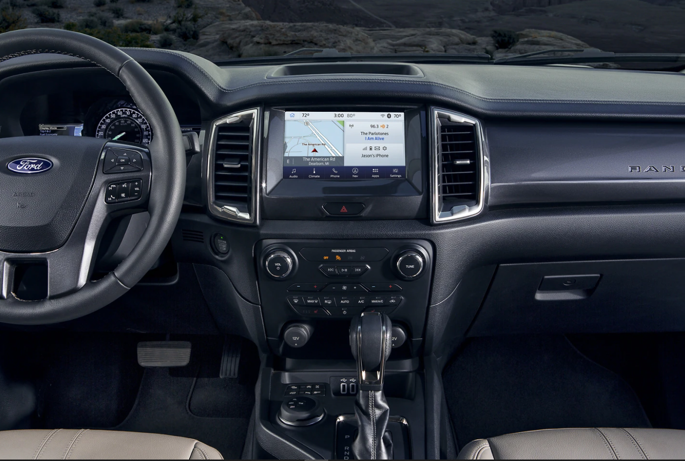 A view of the dash of the 2022 Ford Ranger with built-in touchscreen infotainment system and partially digital dashboard