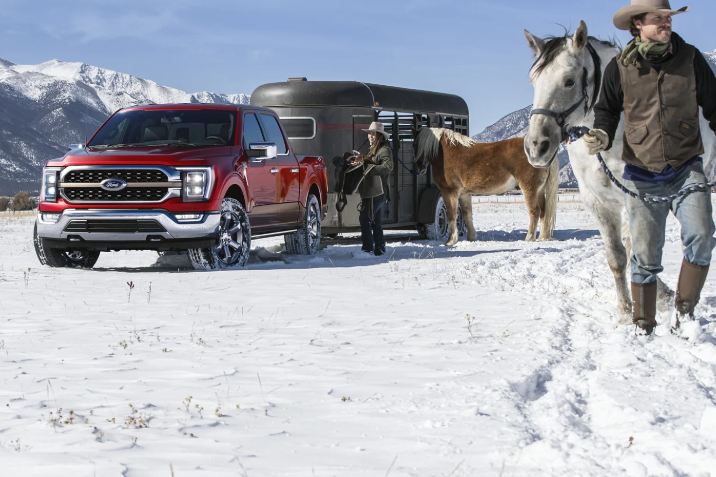 man-loading-horses-into-trailer-pulled-by-new-ford-f-150