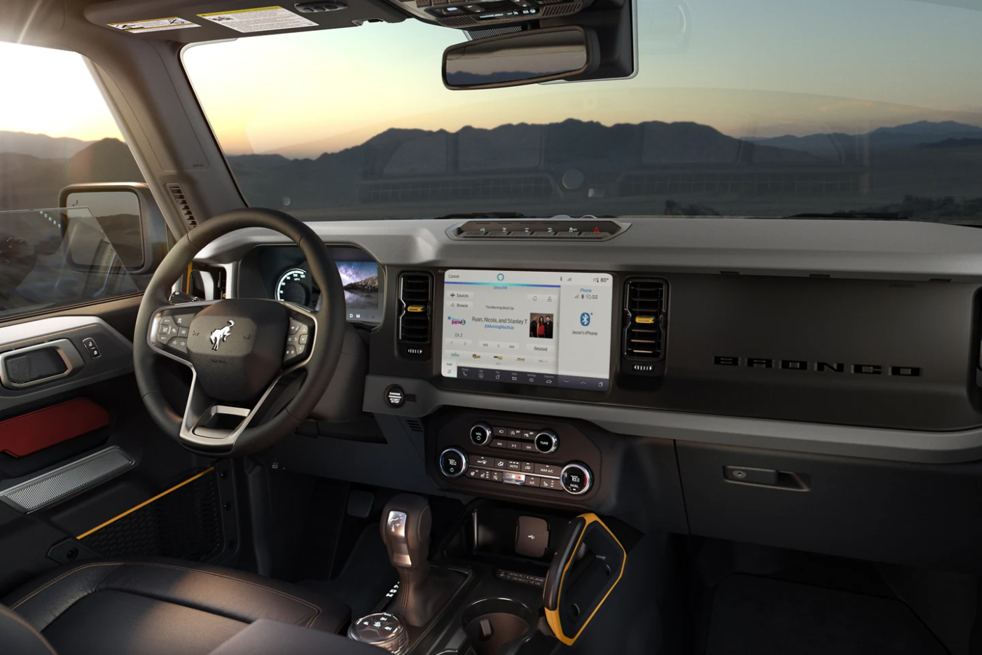 A view of the dash and infotainment system of a 2023 Ford Bronco