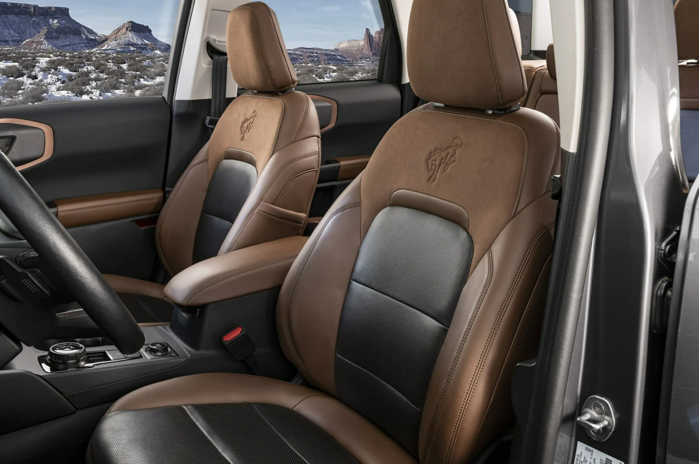 A view of the cabin and seating of a 2023 Ford Bronco Sport