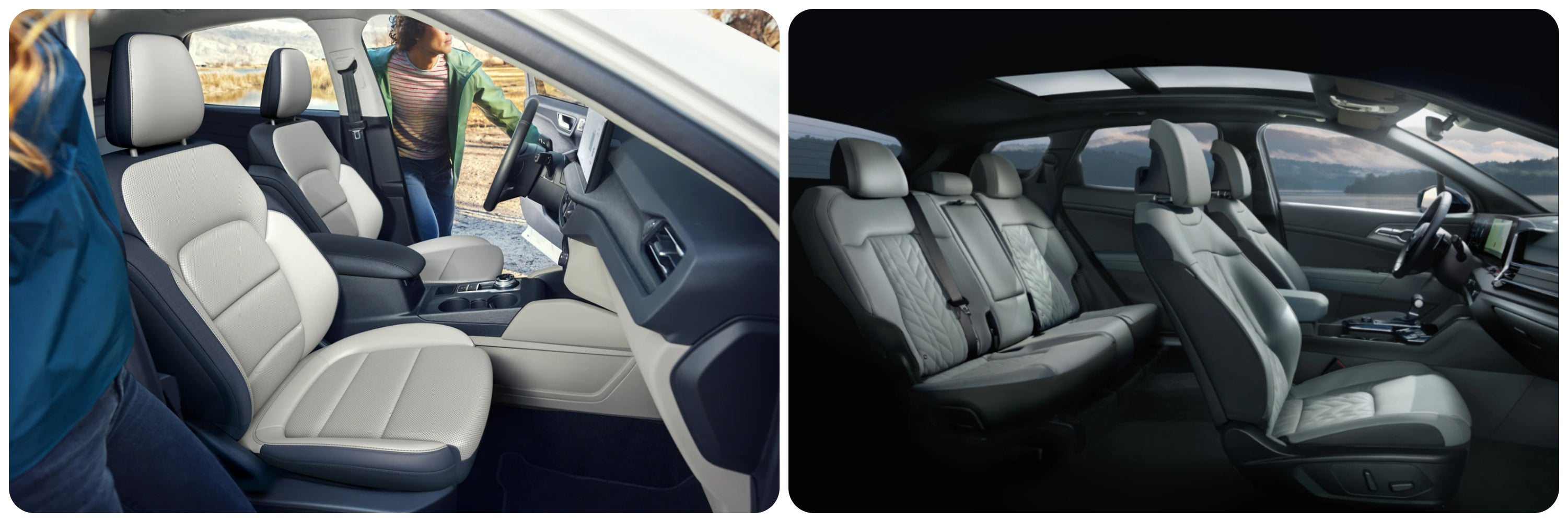 A view of the seating and cabin of the 2023 Ford Escape on the left and the 2023 Kia Sportage on the right
