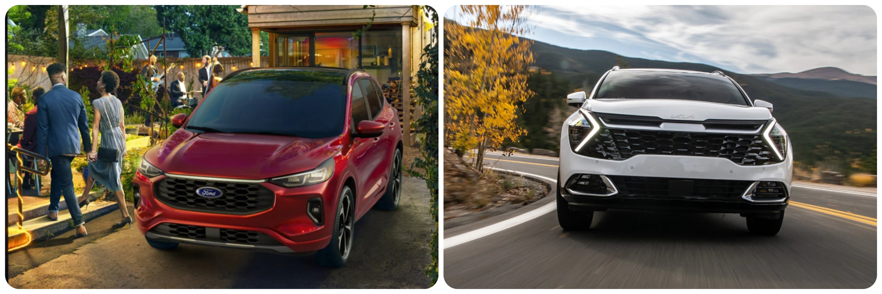 On the left a red 2023 Ford Escape parked facing the viewer, on the left the same view of a white 2023 Kia Sportage