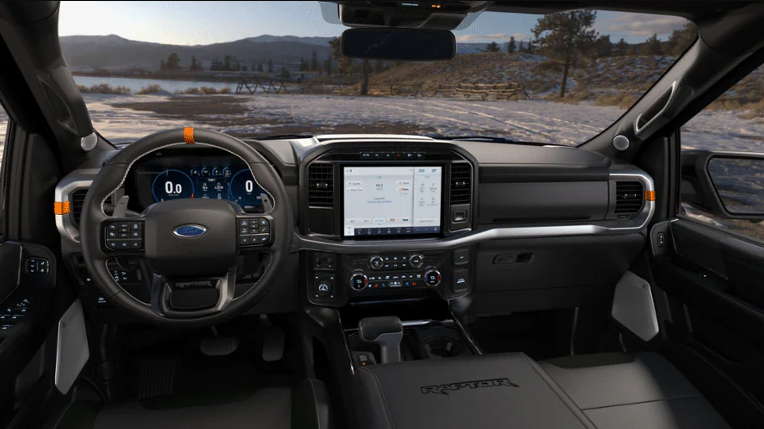 A view of the dash and infotainment system of a 2023 Ford Ranger Raptor